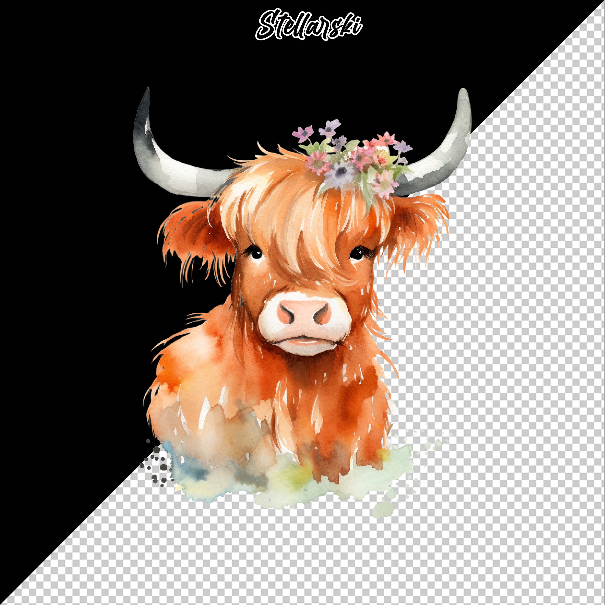 Highland Cow With Flowers PNG Watercolor Highland Cow Clipart Nursery ...