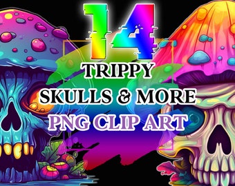 Trippy Skull Clipart, Trippy Mushroom Clipart, Psychedelic PNG, Full Commercial Use, Multicolored PNG, Trippy Clipart with Instant Download