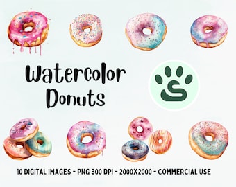 Aquarel Donut Clipart, Sweet Bakery Food Clip art, Verjaardagsfeestje, Donut Sprinkles PNG, Dessert Images, Breakfast Food Bundle