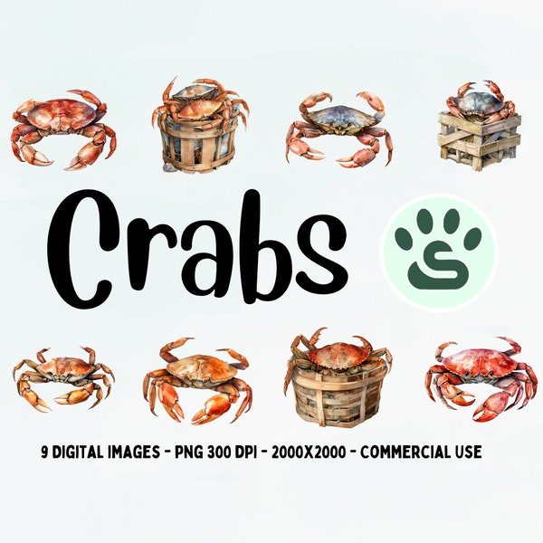 Watercolor Crab Clipart, Crabs PNG, Sea Animal Illustration Printable Art, Beach, Clipart Bundle, Cute Seafood, Food Clipart, Digital Images