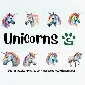 Unicornio arco iris PNG / Unicornios lindos coloridos / PNG cósmico mágico / Imágenes prediseñadas digitales de acuarela / Guardería para niños encantadores / Uso comercial completo