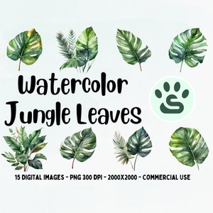 Tropical Leaves Clipart | Green Jungle Leaves | Green Monstera Leaves PNG | Watercolor Tropical Leaf | Palm Greenery | Full Commercial Use