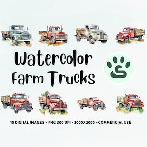 Vintage Farm Truck Clipart, Old Farm Truck PNG, Rustic Truck Prints, Classic Truck Illustrations, Watercolor Rusty Truck, Antique Farm Truck