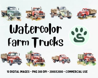 Vintage Farm Truck Clipart, Old Farm Truck PNG, Rustic Truck Prints, Classic Truck Illustrations, Watercolor Rusty Truck, Antique Farm Truck