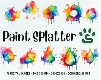 Splatter Clipart |  Rainbow Paint Splashes PNG | Colorful Paint Splat Images | Watercolor Splash Graphics | Rainbow Paint Splatter Bundle
