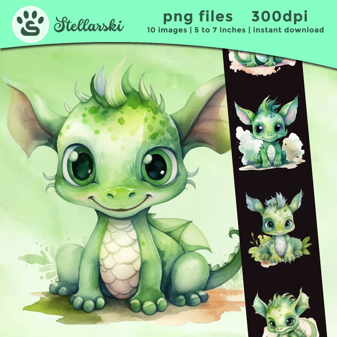 Watercolor Green Baby Dragons Cute Clipart Dragon Art Etsy
