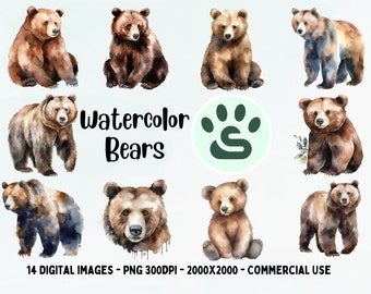 Brown Bear Clipart, Watercolor Cub PNG, Baby Bear illustration, Teddy Clipart, Transparent background, Instant download, Baby Shower Bundle
