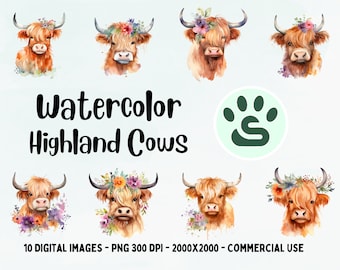 Highland Kuh mit Blumen PNG | Aquarell Highland Kuh Clipart | Kinderzimmer Wandkunst | Bauernhof Clipart Bundle | Niedliche Kuh Print