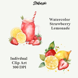 May include: Watercolor illustration of a mason jar filled with strawberry lemonade, with lemons and strawberries around it. The text "Watercolor Strawberry Lemonade" is written in black above the jar. The text "Individual Clip Art 300 DPI" is written in black below the jar.