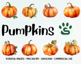 Orange Pumpkin PNG - Halloween Pumpkins Clipart - Halloween Clipart Bundle - Watercolor Fall Pumpkins - Fall Decor Print - Autumn Art Bundle