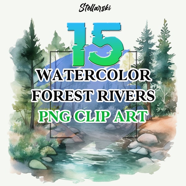 15 Watercolor Forest River Clipart Bundle, Landscape Clipart, River illustration, Forest River clipart, Free Commercial Use, Sticker clipart