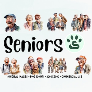 Acuarela Joyful Seniors Clipart, Ancianos PNG, Descarga digital, Paquete de imágenes prediseñadas de abuelo y abuela, Arte de personas mayores y felices