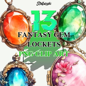 13 Fantasy Gem Locket Clipart, PNG, Uso comercial completo, Collar PNG, Clip art de joyería vintage, Clipart de acuarela con descarga instantánea