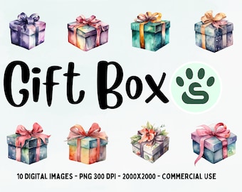 May include: Ten watercolor illustrations of gift boxes with various colors and patterns. Each box has a ribbon and a bow. The boxes are isolated on a white background.  The text "Gift Box" is written in black at the top of the image.
