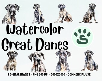 Great Dane Clipart, Big Dog PNG, Watercolor Dog illustration, Dog Portrait, Puppy Images, Transparent Background, Great Dane Wall Art