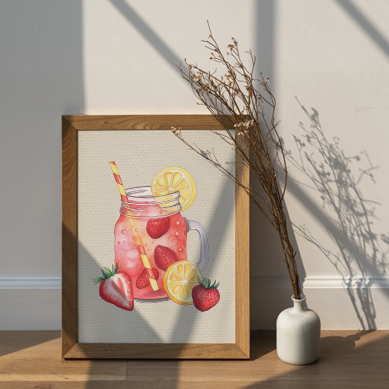 May include: A watercolor painting of a mason jar filled with pink lemonade, strawberries, and lemon slices. The jar has a straw and is sitting on a white background.