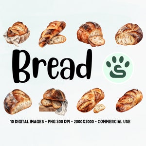 Clipart di pane ad acquerello / Clipart di panetteria / Cesto di pane / Baguette francese PNG / Clipart di cibo / Immagini di rotoli / Uso commerciale / Cottura png