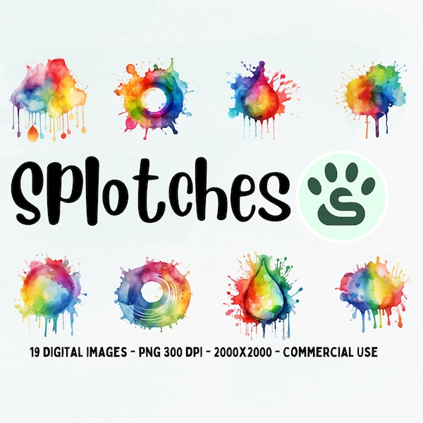 Paint Splatter PNG | Colorful Splotches Clipart | Cute Colorful Background Graphic PNG | Watercolor Splahes Images | Rainbow Splatter Bundle