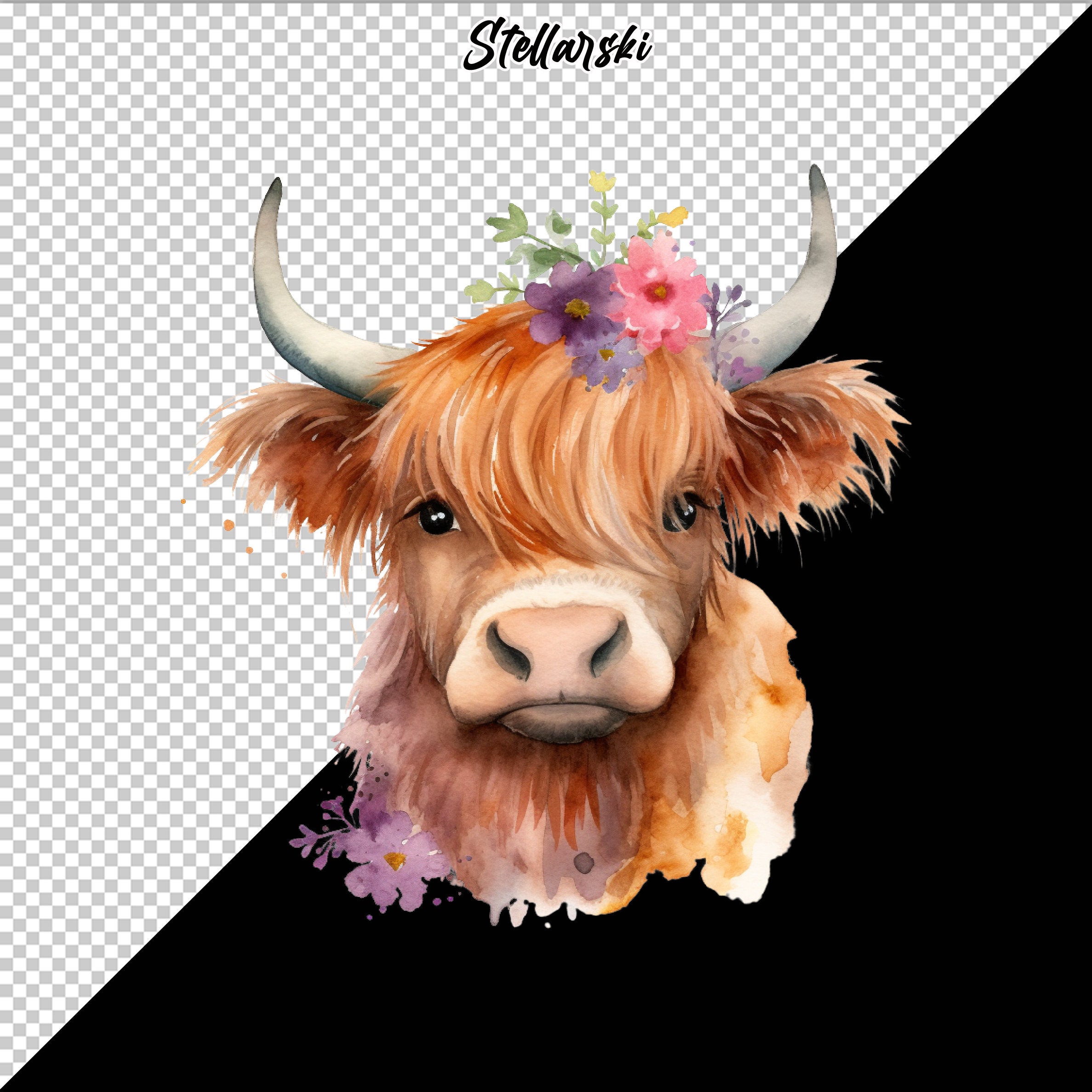 Highland Cow With Flowers PNG Watercolor Highland Cow Clipart Nursery ...