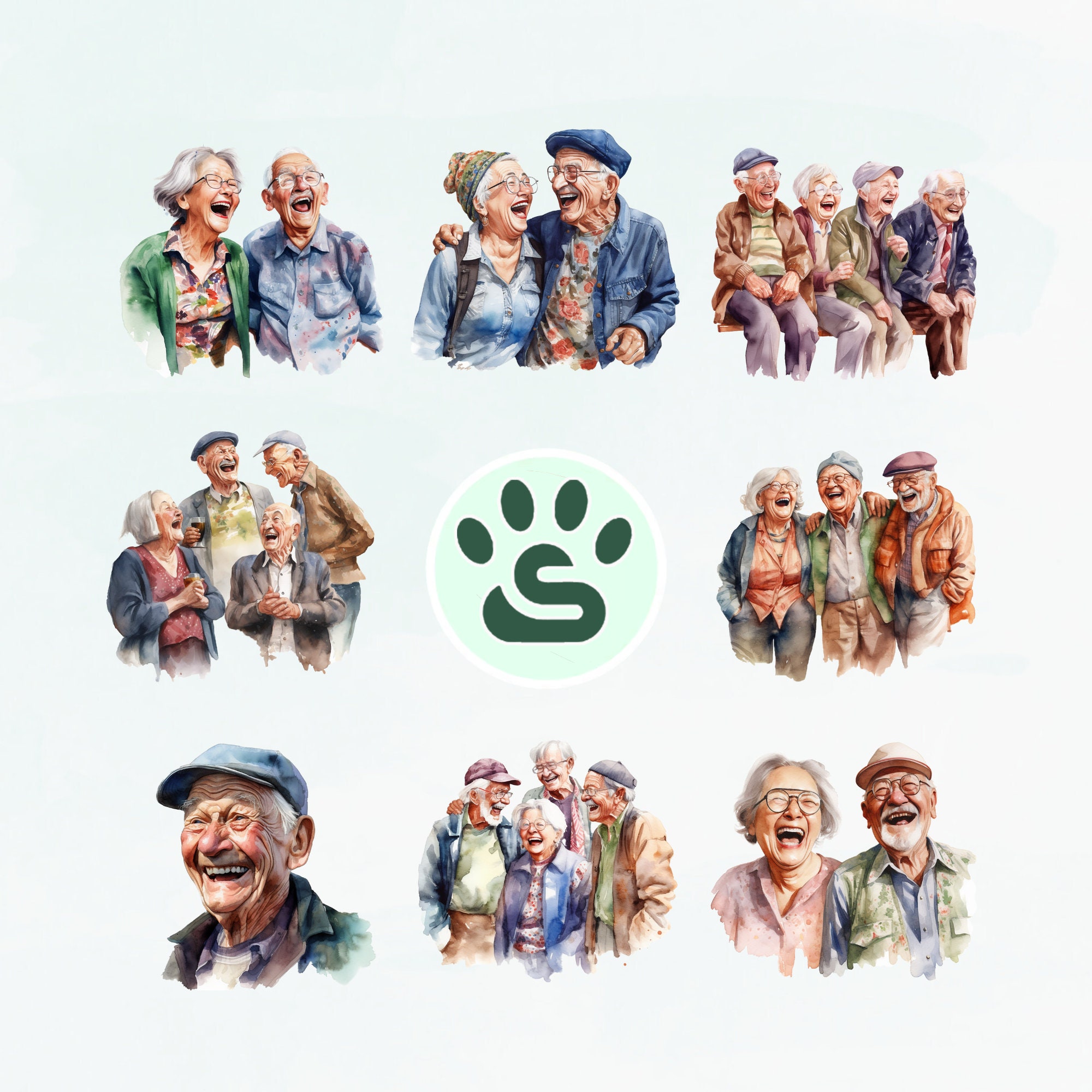 Watercolor Joyful Seniors Clipart, Elderly People PNG, Digital Download ...