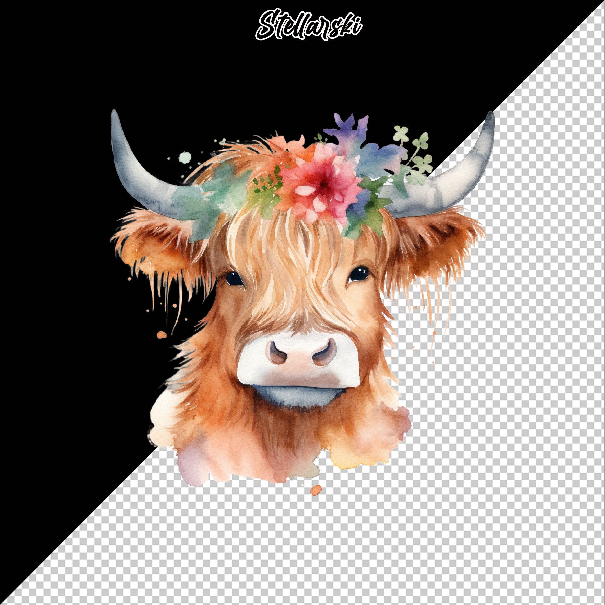 Highland Cow With Flowers PNG Watercolor Highland Cow Clipart Nursery ...