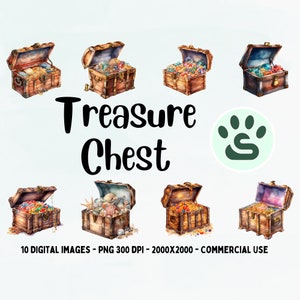 May include: Ten watercolor illustrations of treasure chests with various gems, jewels, and coins inside. The chests are open and closed, with some showing the contents spilling out. The chests are wooden and have metal accents. The images are high-resolution and perfect for digital scrapbooking, card making, and other creative projects.