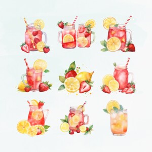May include: Nine watercolor illustrations of mason jars filled with pink lemonade and garnished with lemons, limes, and strawberries.