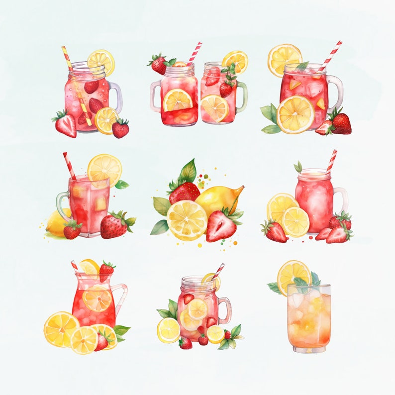 May include: Nine watercolor illustrations of mason jars filled with pink lemonade and garnished with lemons, limes, and strawberries.