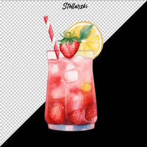 May include: A watercolor illustration of a pink lemonade drink with a red strawberry, a lemon wedge, and a red and white striped straw. The drink is in a clear glass with ice cubes.