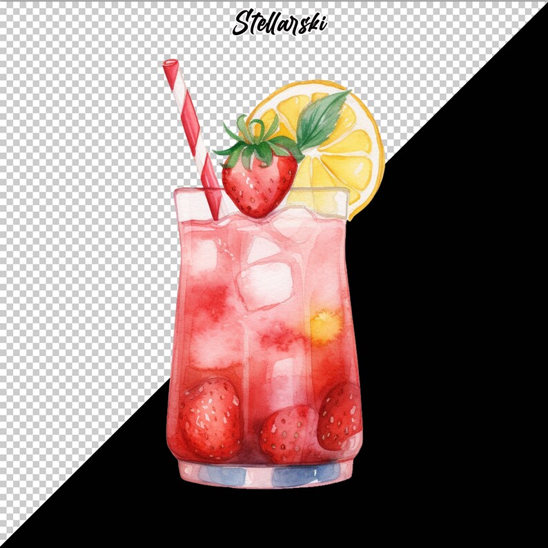 May include: A watercolor illustration of a pink lemonade drink with a red strawberry, a lemon wedge, and a red and white striped straw. The drink is in a clear glass with ice cubes.