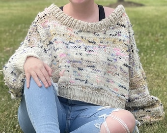 Hand-knit Cropped Sweater, Oversized, Drop-shoulder, Handmade, Comfy