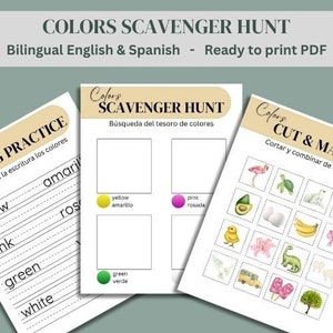 Bilingual Spanish and English Scavenger Hunt, Learning Colors, Writing Practice Sheets, Language Learning Printable, Preschool Treasure Hunt