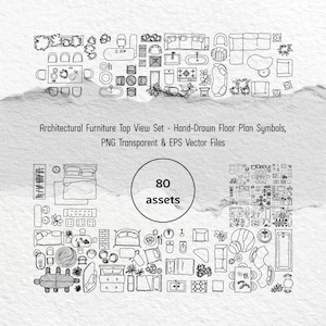 May include: A collection of 80 hand-drawn architectural furniture symbols for floor plans, presented in black ink on a white background. The set includes top-view illustrations of beds, sofas, tables, chairs, and plants with text labels.