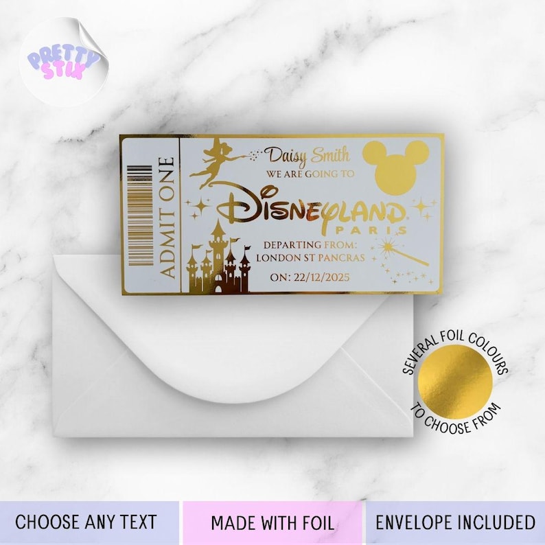 Personalised Disneyland Foil Ticket – Magical Disney Trip Announcement, Custom Gift, Vacation Reveal for Kids or Couples image 2