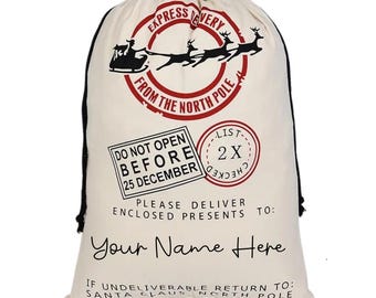 Personalised Christmas Santa Sack: Large White North Pole Express Drawstring Bag