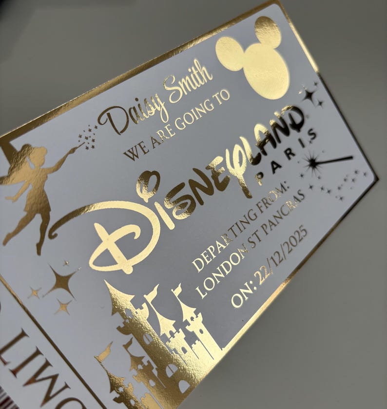 Personalised Disneyland Foil Ticket – Magical Disney Trip Announcement, Custom Gift, Vacation Reveal for Kids or Couples image 1