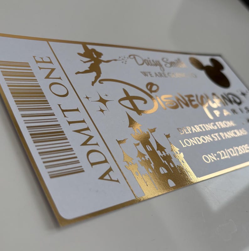 Personalised Disneyland Foil Ticket – Magical Disney Trip Announcement, Custom Gift, Vacation Reveal for Kids or Couples image 4