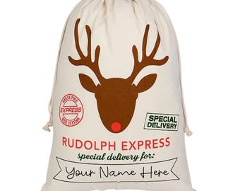 Personalised Christmas Santa Sack: Large Reindeer Drawstring Gift Bag