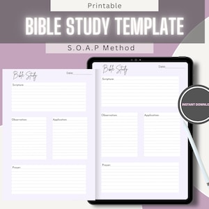 May include: A printable Bible study template with a light purple background. The template includes sections for Scripture, Observation, Application, and Prayer, following the S.O.A.P. method. The words "BIBLE STUDY TEMPLATE" are displayed at the top. A pencil is on the left.