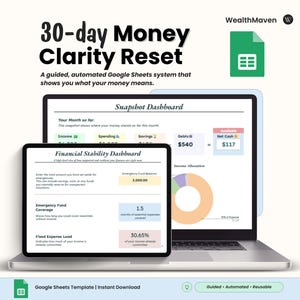 Puede incluir: Un portátil y una tableta muestran un panel financiero con el texto "30-day Money Clarity Reset". La pantalla muestra información sobre ingresos, gastos, ahorros y deudas. La imagen también incluye el texto "Google Sheets Template | Instant Download."