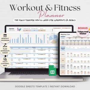 Op de afbeelding: Een laptop en tablet tonen een workout- en fitnessplanner. De laptop toont een maandkalender en trainingsplannen, terwijl de tablet een 7-daagse maaltijdtracker weergeeft. De tekst luidt "Workout & Fitness Planner" en "The only tracker you'll need for workouts & meals."