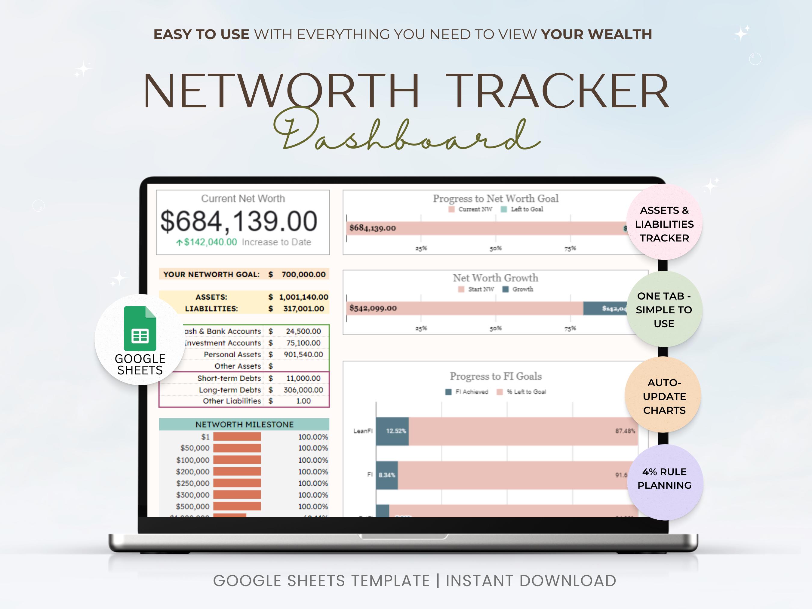 Net Worth Tracker Spreadsheet for Google Sheets, Net Worth Tracker Dashboard, Assets & Liabilities Template, Personal Finance