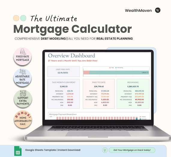 Mortgage Calculator Template | Real Estate Planning Payment Tracker | Debt Schedule | Loan & Amortization Modeling | Google Sheets