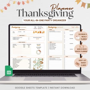 Può includere: Un laptop mostra un modello di pianificatore del Ringraziamento. Lo schermo mostra sezioni di riepilogo, lista di controllo e menu. Il testo include "Thanksgiving Planner" e "Your All-In-One Party Organizer". Modello Google Sheets.