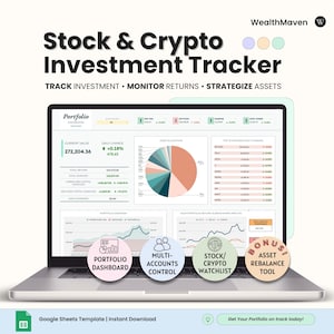 Beleggingstracker voor aandelencrypto's | Portfolio- en handelsdagboek | Volglijst crypto-aandelen, financiële planner Google Spreadsheets | Persoonlijke financiën