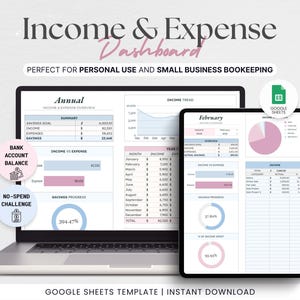 Income and Expense Dashboard, Monthly Expense Transaction Tracker, Bank Account Tracker, Personal Finance Planner, Google Sheets Template,