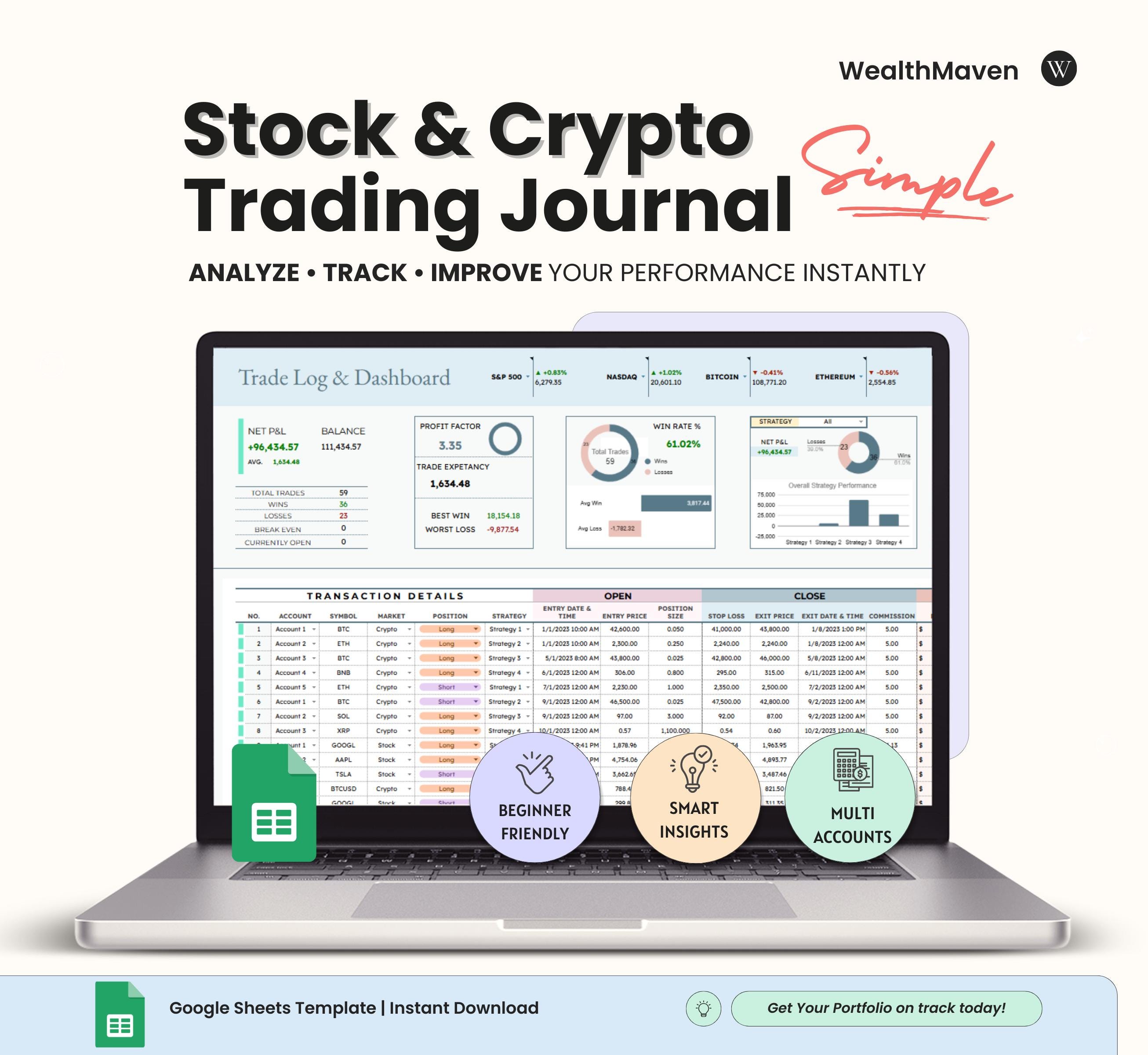 Simple Trading Journal | Beginner Friendly Trade Log Strategy Tracker |  Market Diary & Investment Planner | Google Sheets Template