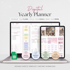 Planificateur de vie 2025 Feuilles Google | Programme quotidien, tâches, suivi des tâches | Planificateur d'objectifs hebdomadaires, mensuels et 2025 | Modèle de productivité numérique