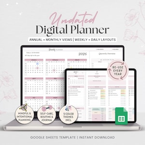 May include: A laptop displaying an undated digital planner with annual, monthly, weekly, and daily layouts. The planner includes yearly views for 2026, quarterly overviews, and sections for mindful planning, self-care, and journaling. The design includes 5 color themes and is a Google Sheets template.