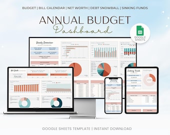 Annual Budget Google Sheets Yearly Budget Template Financial Planner Net Worth Tracker Monthly Budget Dashboard, Budgeting, Personal Finance